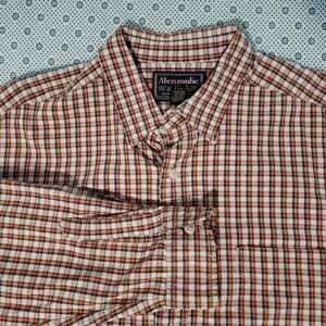 Abercrombie & Fitch Men's L Plaid Long Sleeve Button Up Shirt Orange Navy